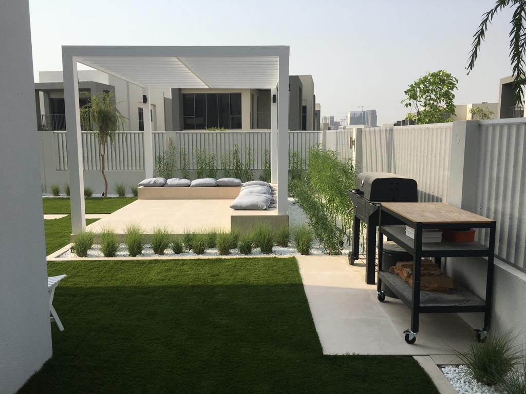 White pergola daybed terrace — Sidra villa, Dubai Hills