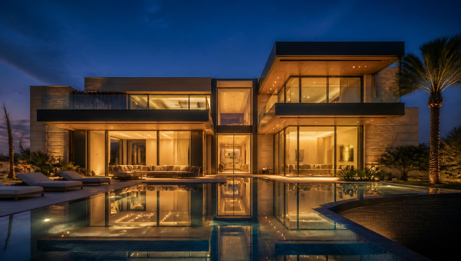 Luxury Dubai villa at twilight with infinity pool, built by Blue Iconic